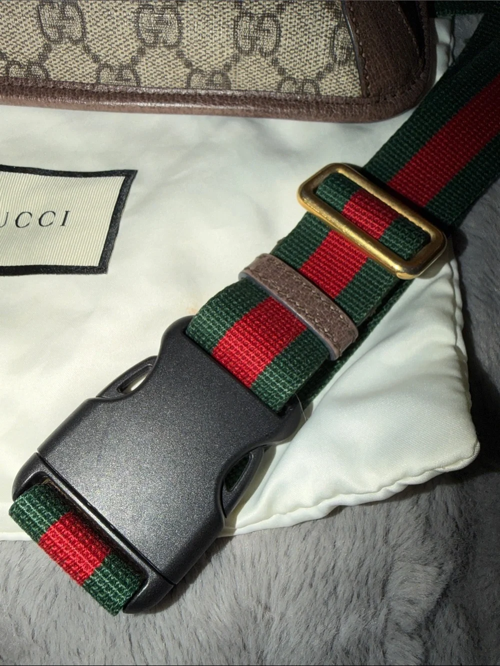 Preloved Gucci Brown GG Canvas Belt Bag with Green-Red Web Strap with Dust bag